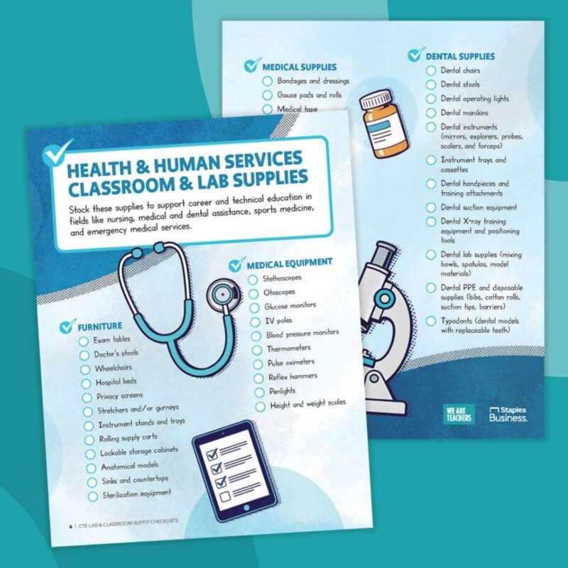 Collage of printable health and human services CTE classroom supplies checklist from Staples Business.