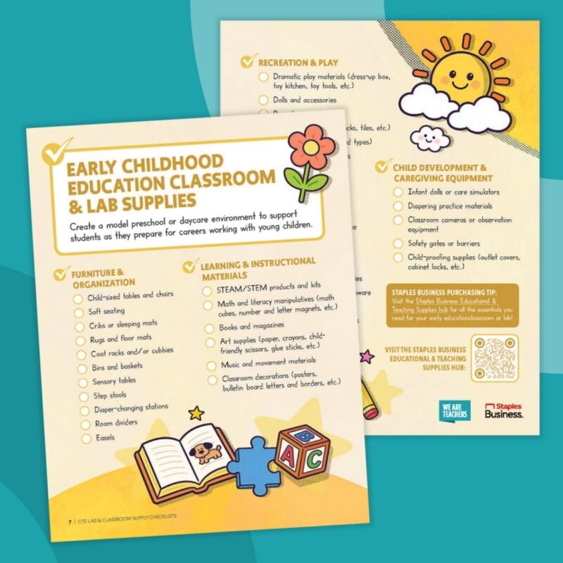Collage of printable early childhood education CTE classroom supplies checklist from Staples Business.