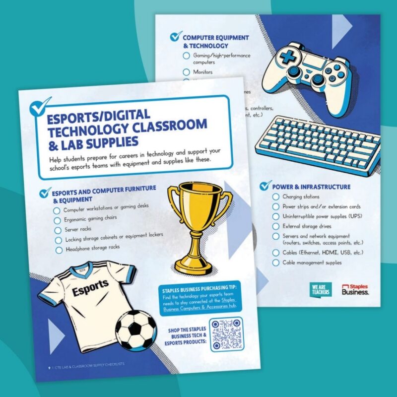 Collage of printable esports and digital technology CTE classroom supplies checklist from Staples Business.