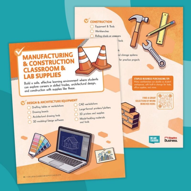 Collage of printable manufacturing and construction CTE classroom supplies checklist from Staples Business.