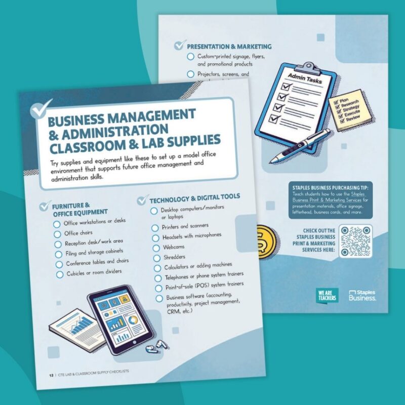 Collage of printable business management and administration CTE classroom supplies checklist from Staples Business.