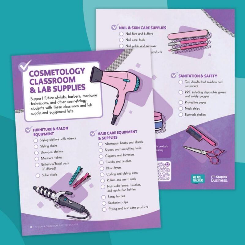 Collage of printable cosmetology CTE classroom supplies checklist from Staples Business.
