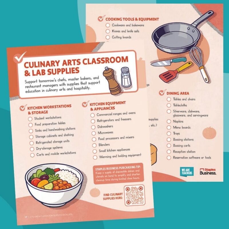 Collage of printable culinary arts CTE classroom supplies checklist from Staples Business.