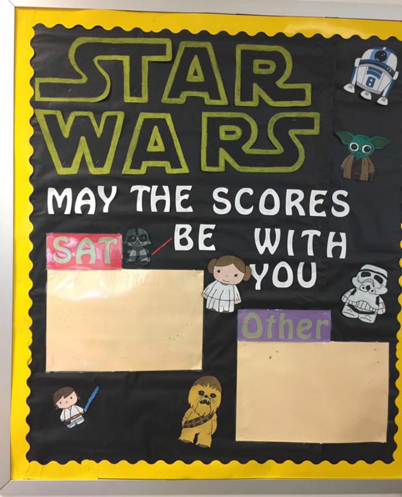 May the Scores Be With You Star Wars themed bulletin board with Star Wars characters.