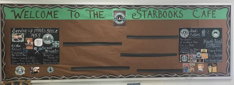 Starbooks Cafe Bulletin board featuring books students enjoy