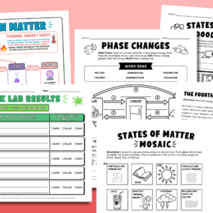 Images of a variety of the worksheets and activities in the States of Matter Worksheet & Activity Bundle.