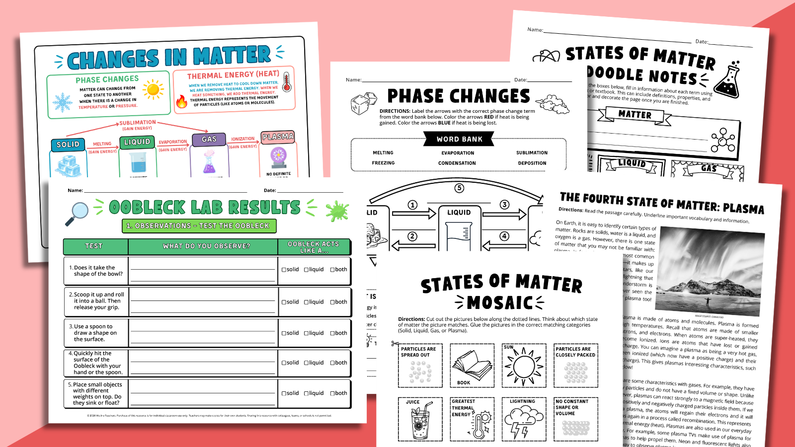 Images of a variety of the worksheets and activities in the States of Matter Worksheet & Activity Bundle.