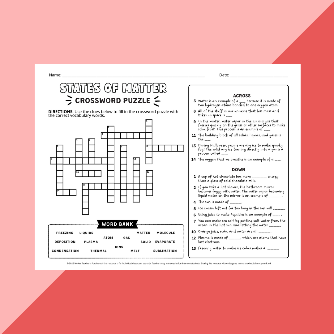 Image of a states of matter crossword puzzle worksheet.
