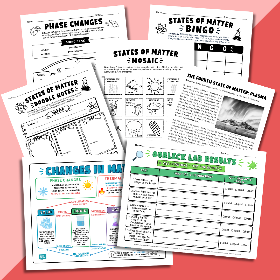Images of a variety of worksheets and activities from the States of Matter Worksheet & Activity Bundle.