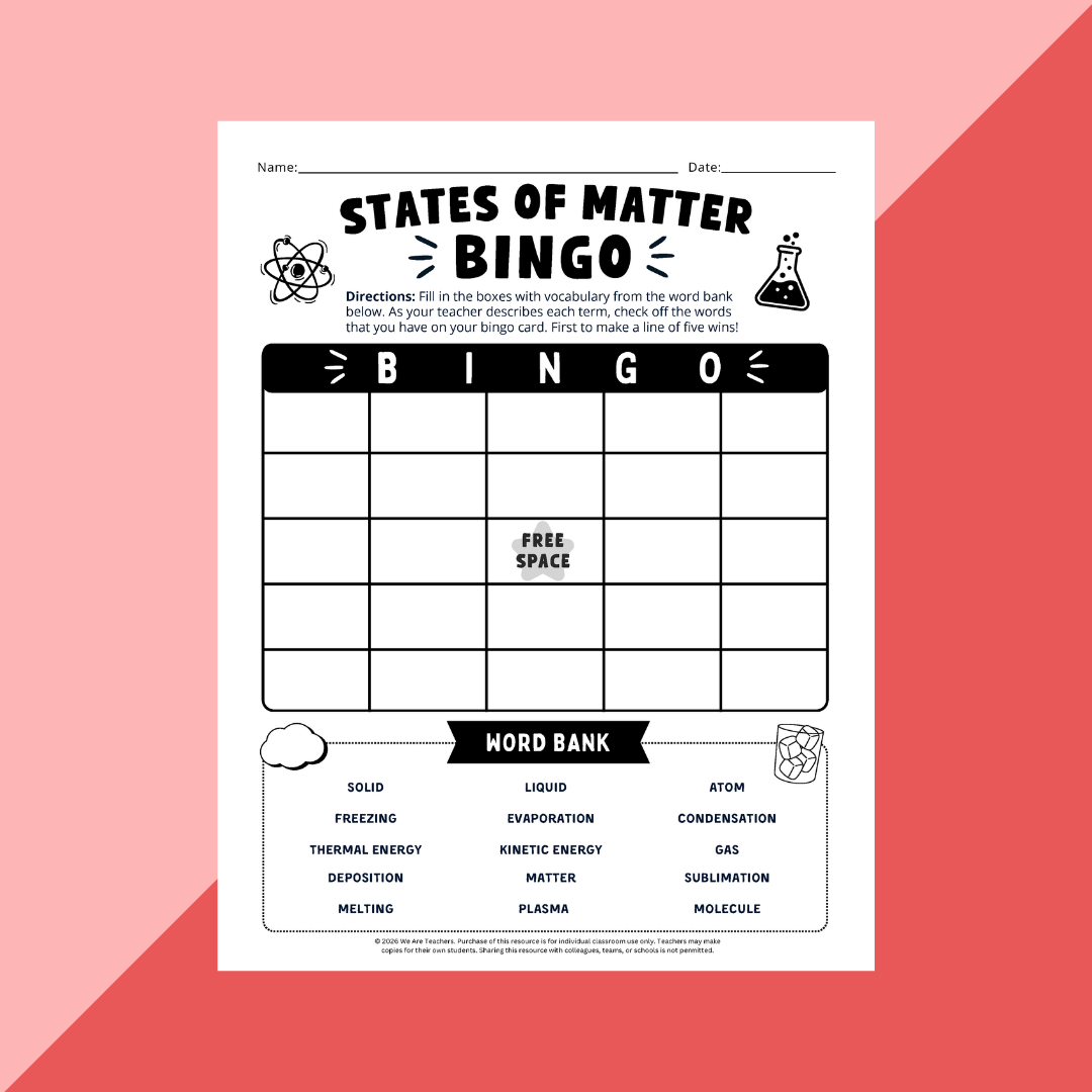 Image from the states of matter BINGO game.