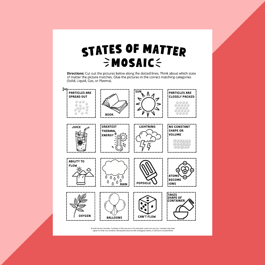 Page from the states of matter mosaic activity.