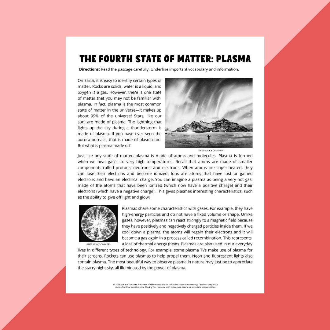 Reading passage page from the States of Matter Worksheet & Activity Bundle.