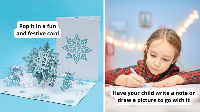 Paired image of a pop up card and child writing note to show ways to give cash to teachers