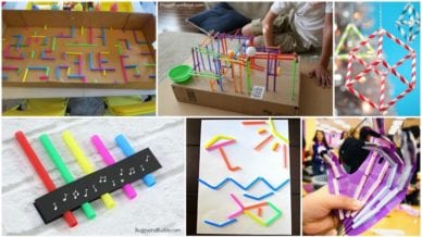 Six images of straw activities for kids.