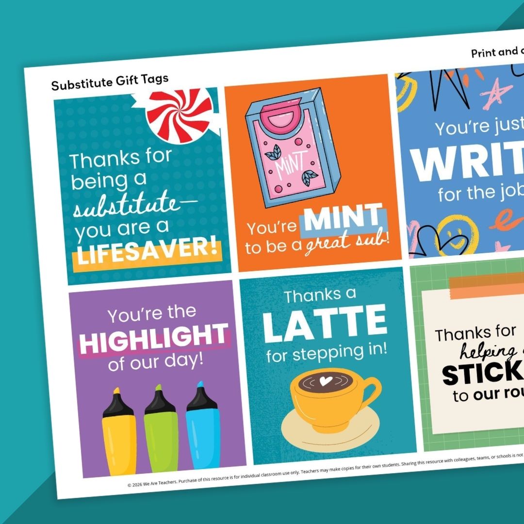 Colorful images of thank you cards teachers can leave for substitute teachers.