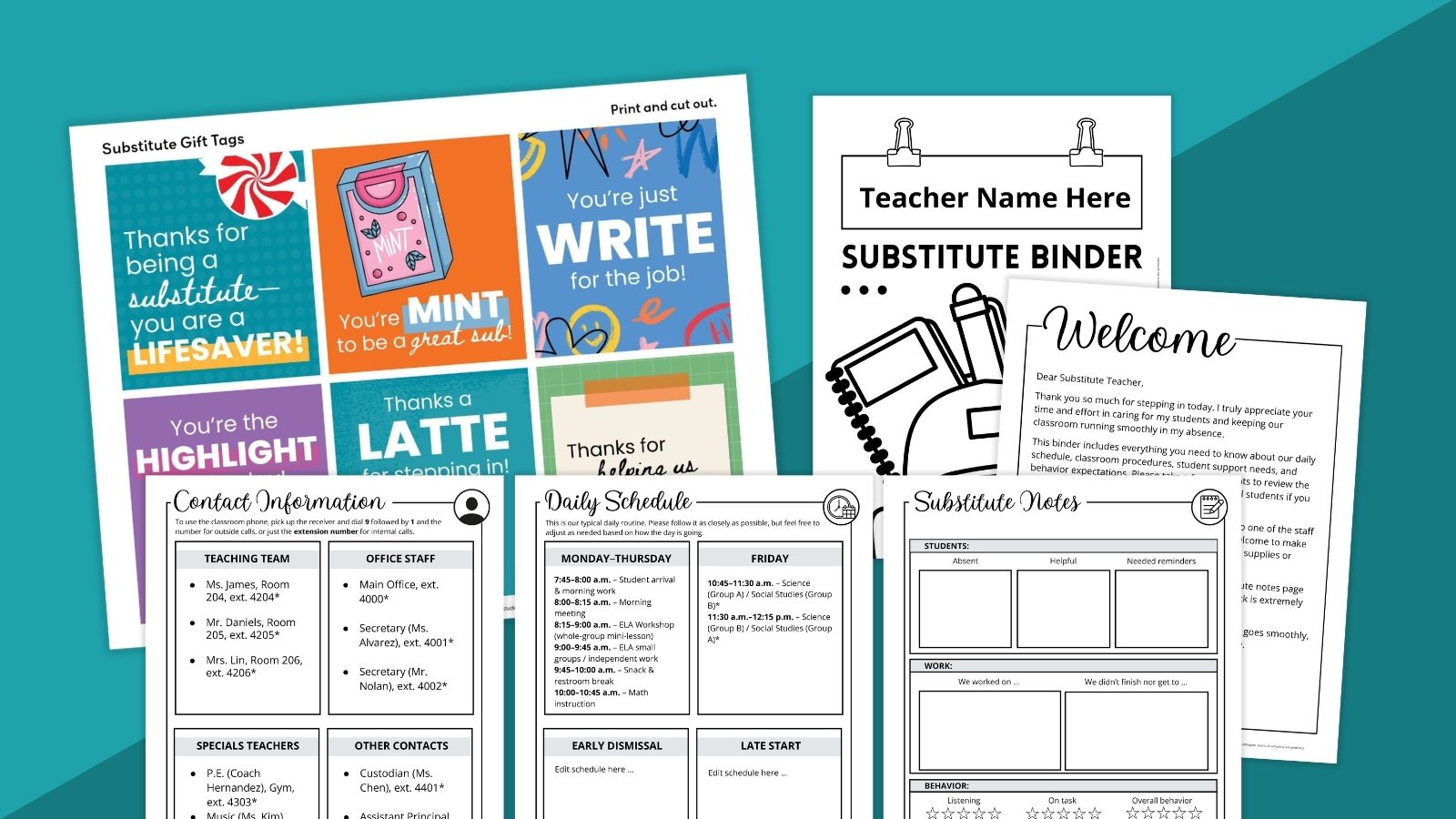 Images from the Substitute Teacher Binder resource.