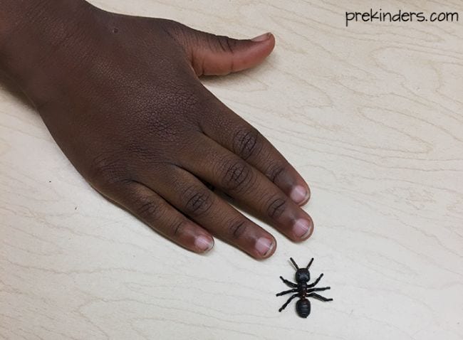 A child's hand laid flat on a table next to a plastic spider