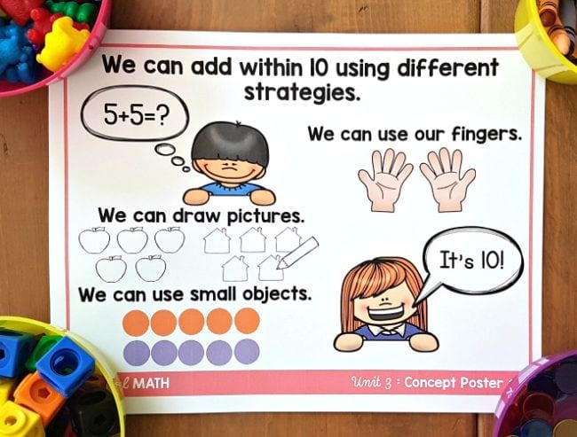 A colorful worksheet that shows different math strategies