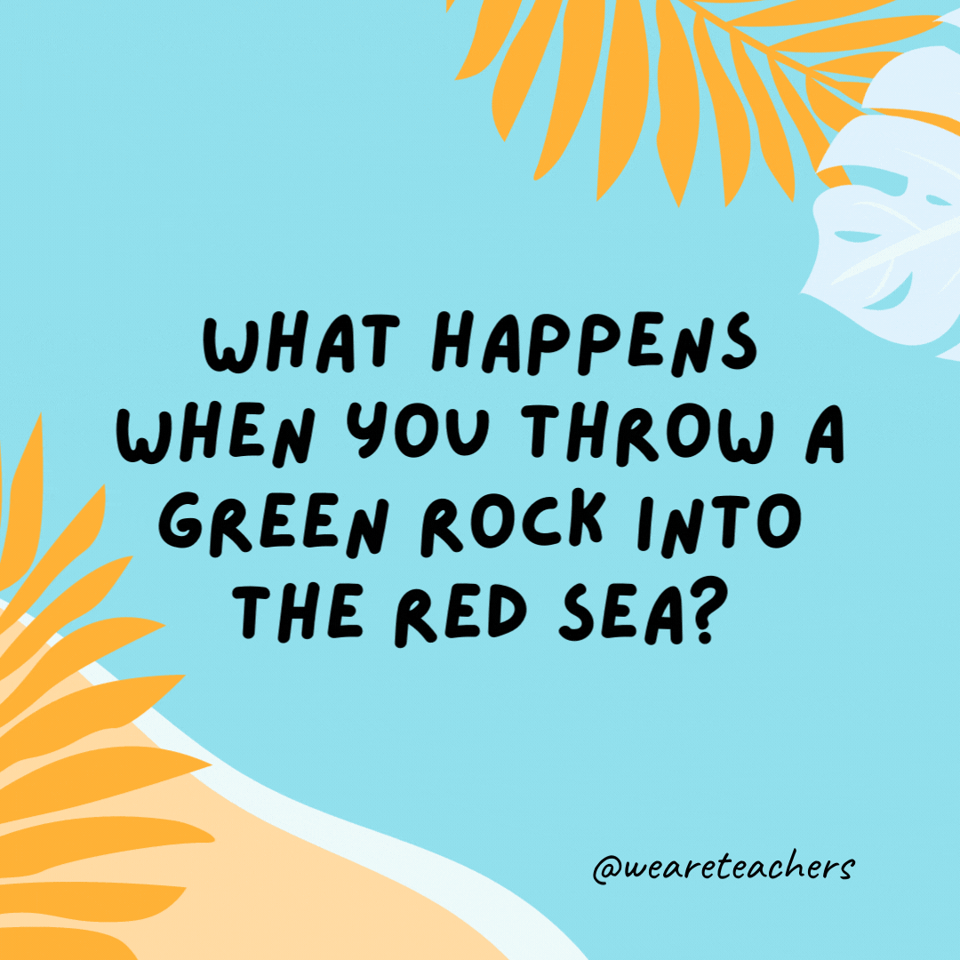 What happens when you throw a green rock into the Red Sea? It gets wet.