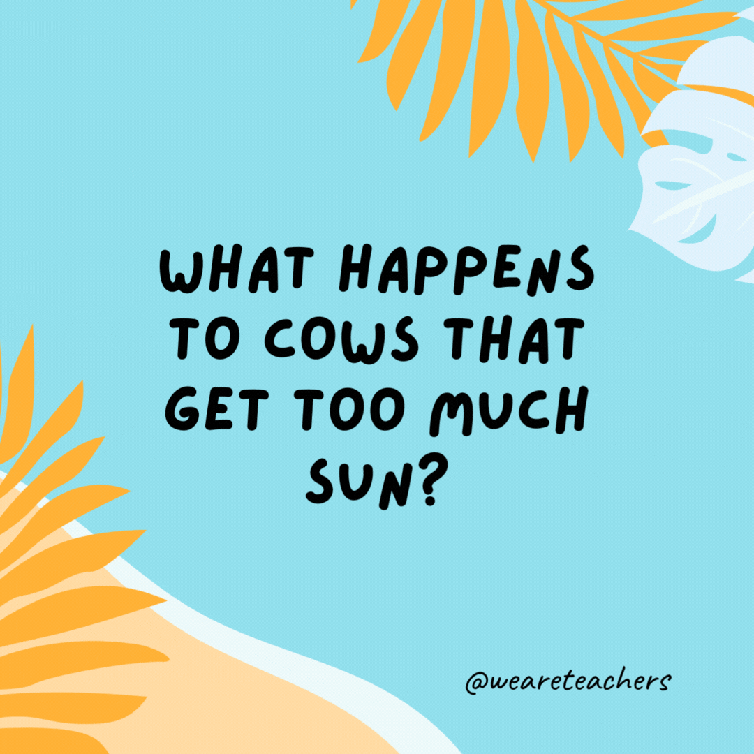 What happens to cows that get too much sun?

They turn into evaporated milk.- funny summer jokes for kids