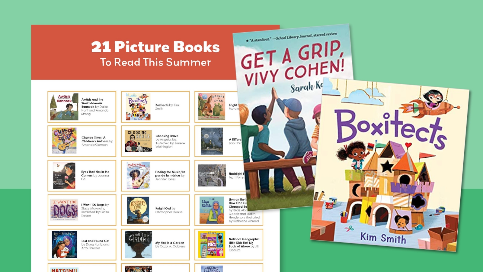 Summer Reading List printable and books for 2024, including Get a Grip Vivy Cohen and Boxitcts.