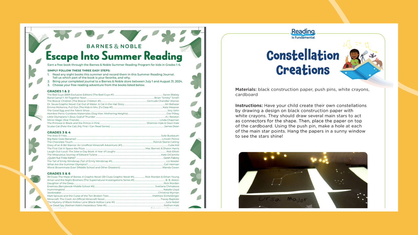 Barnes & Noble summer reading log and RIF summer reading constellation activitity.