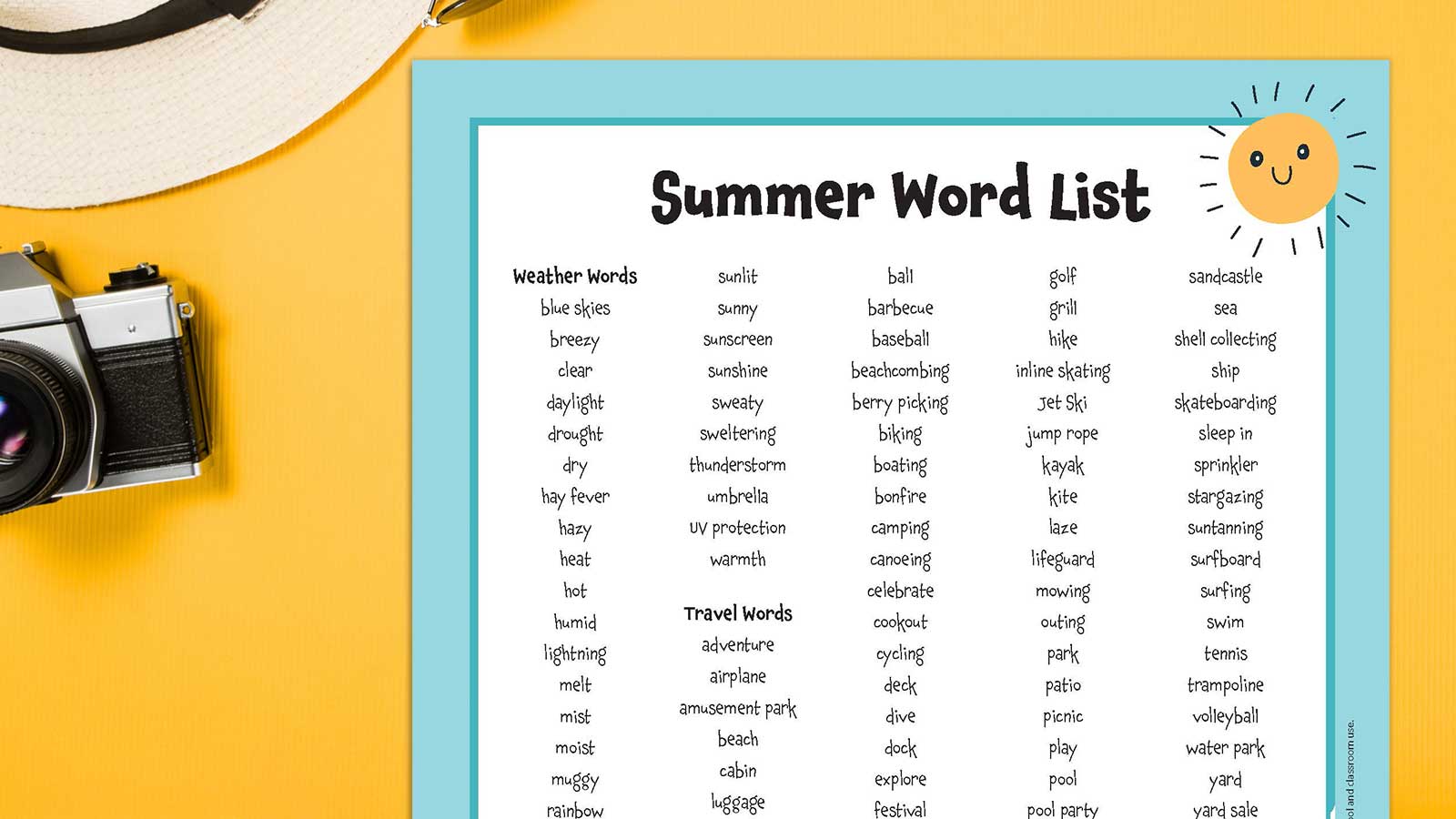 200 Summer Words for Writing, Vocab, and More (Free Printable)