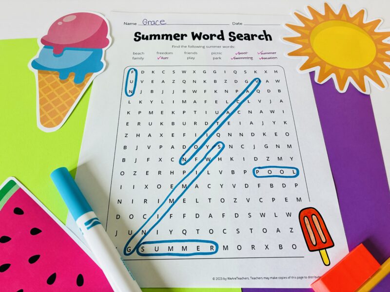 an image of a student completing a summer word search with a marker