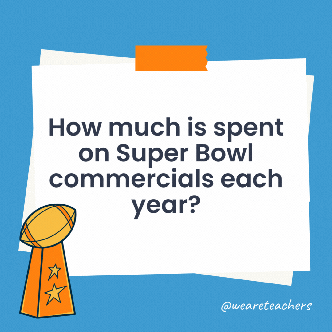 How much is spent on Super Bowl commercials each year?

In 2022, multiple 30-second spots sold for $7 million apiece, while the NFL's Super Bowl ad revenue climbed to over $500 million.