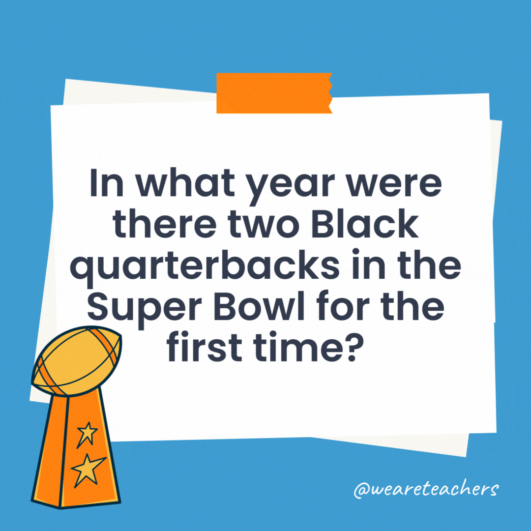 In what year were there two Black quarterbacks in the Super Bowl for the first time?

For the first time in 57 Super Bowls, both teams (the Kansas City Chiefs and Philadelphia Eagles) were led by Black quarterbacks—Patrick Mahomes for the Chiefs and Jalen Hurts for the Eagles.