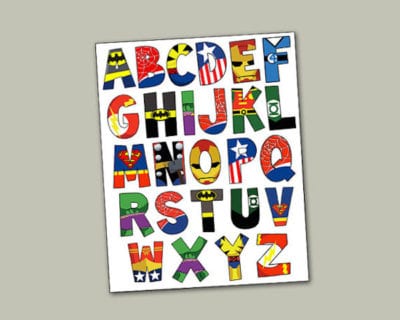 Sheet of paper with alphabet letters with superhero designs