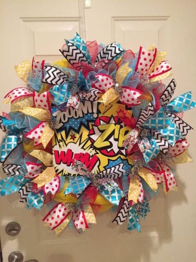 Colorful super hero wreath made from ribbons