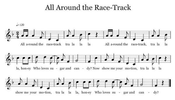 sheet music for simple song called All Around the Race-Track 