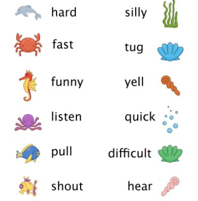 a colorful list of synonyms with cartoon illustrations next to each word, as an example of grammar games