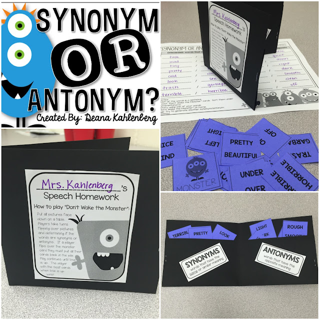 Four separate images in one, including synonym and antonym cards, directions for how to play and an example of how to sort the cards 