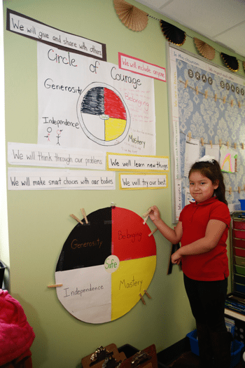 First grade girl standing in front of the Circle of Courage bulletin board in her classroom.