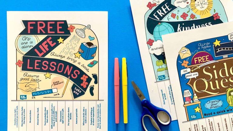 A variety of printable take-one posters on blue background with colored pencils.