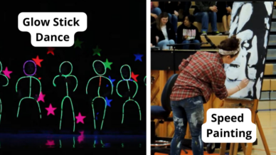 Collage of talent show ideas, including a glow stick dance and speed painting