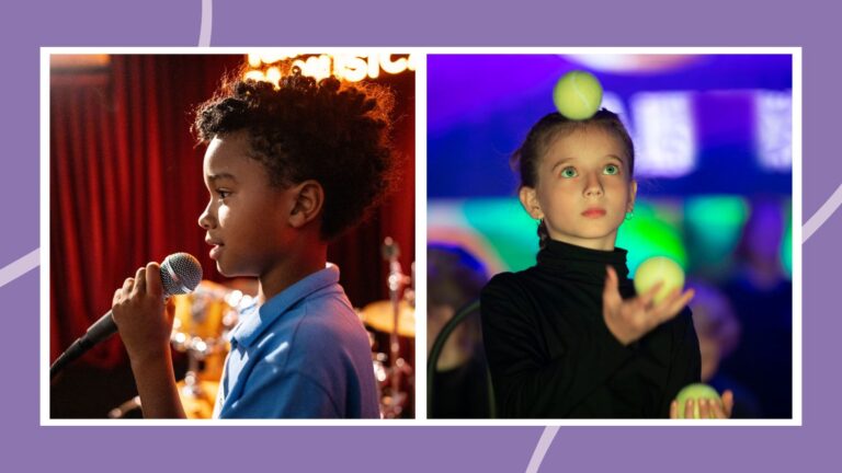 talent show ideas that include photos of students singing on stage and juggling