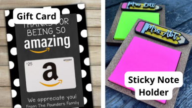 Collage of Teacher Appreciation Gifts, including a personalized Amazon gift card holder and wooden sticky note holder