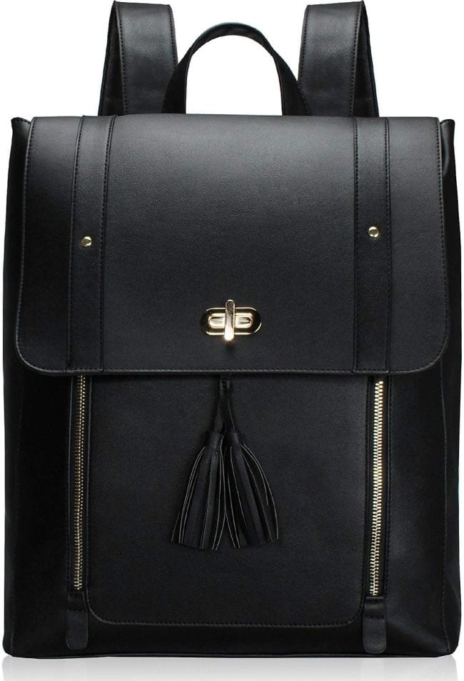 Black faux leather backpack with tassels and silver accents