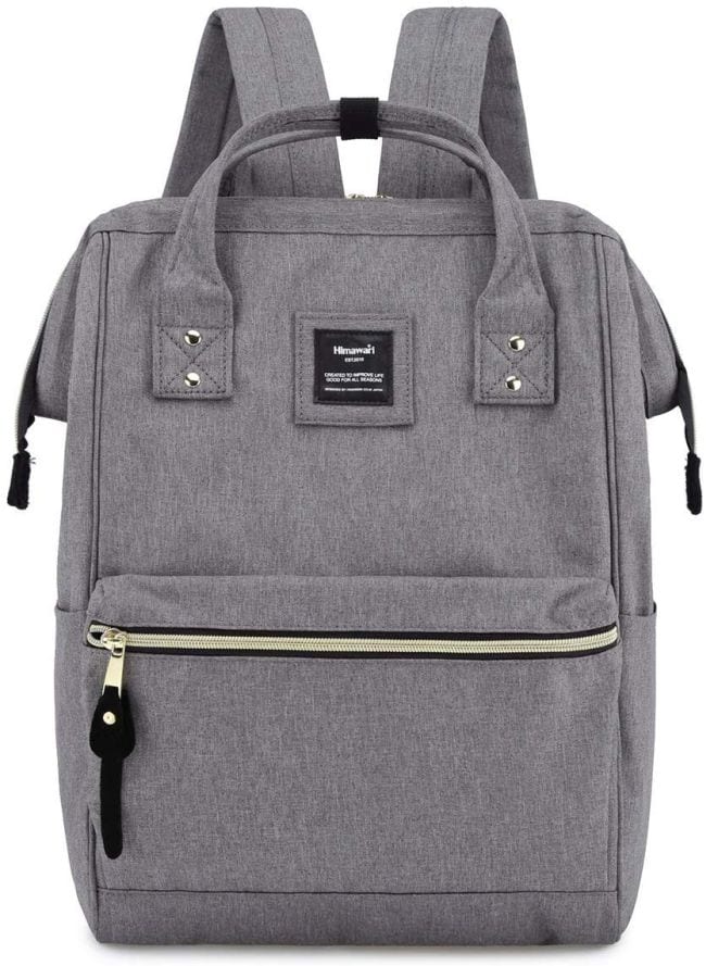 Gray backpack with top handle, wide top opening, and front zipper pocket
