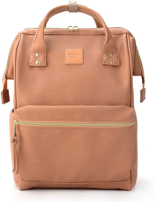 Peach pink backpack with top handles and opening