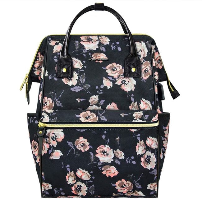 Black and pink floral backpack with top zipper opening and side pockets, as an example of the best teacher backpacks
