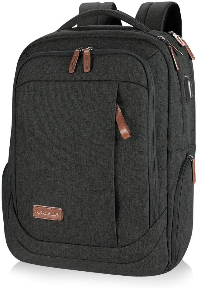 Dark gray modern backpack with brown leather accents