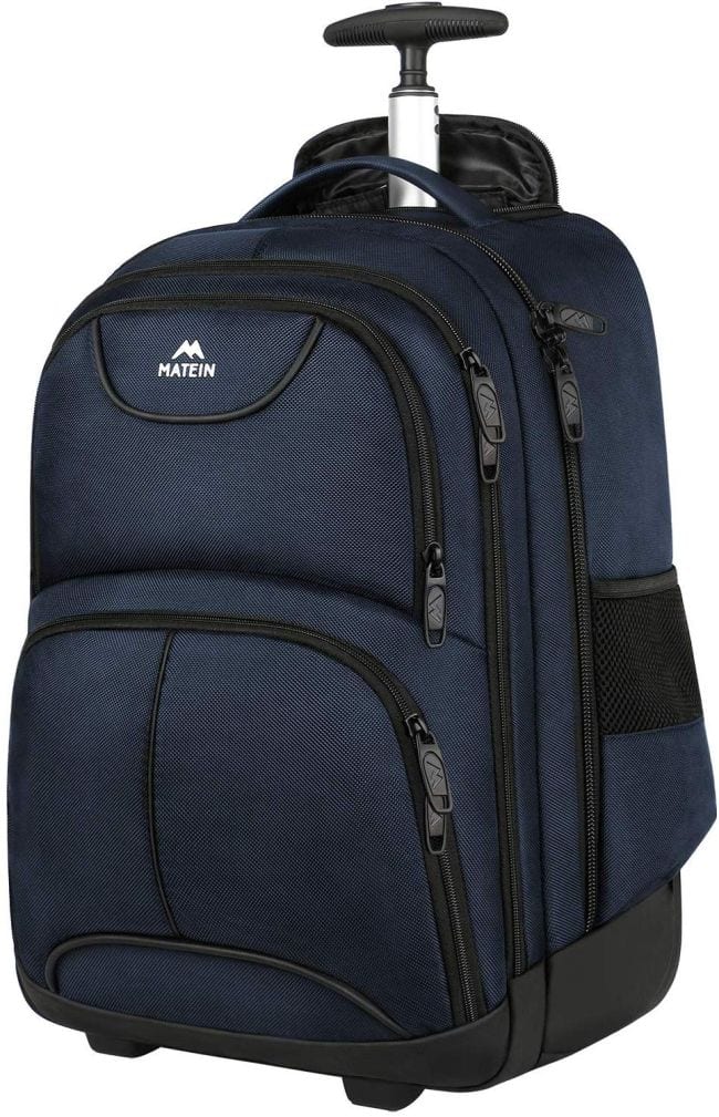 Dark blue backpack with wheels and retractable handle, as an example of the best teacher backpacks