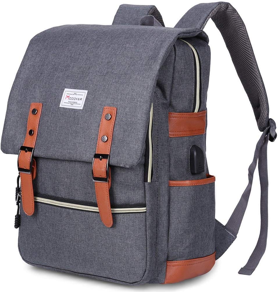 Gray boxy backpack with brown accents 