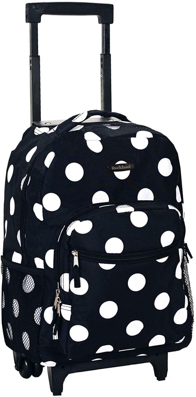 Black and white polka dotted backpack with wheels and retractable handle, as an example of the best teacher backpacks