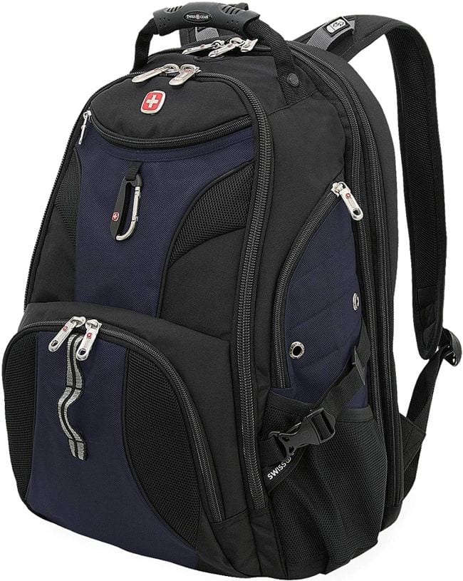 Navy blue and black Swiss Gear backpack, as an example of the best teacher backpacks