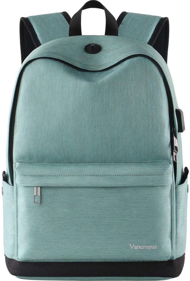 Light blue basic backpack with black accents, with a front zipper pocket and side compartments